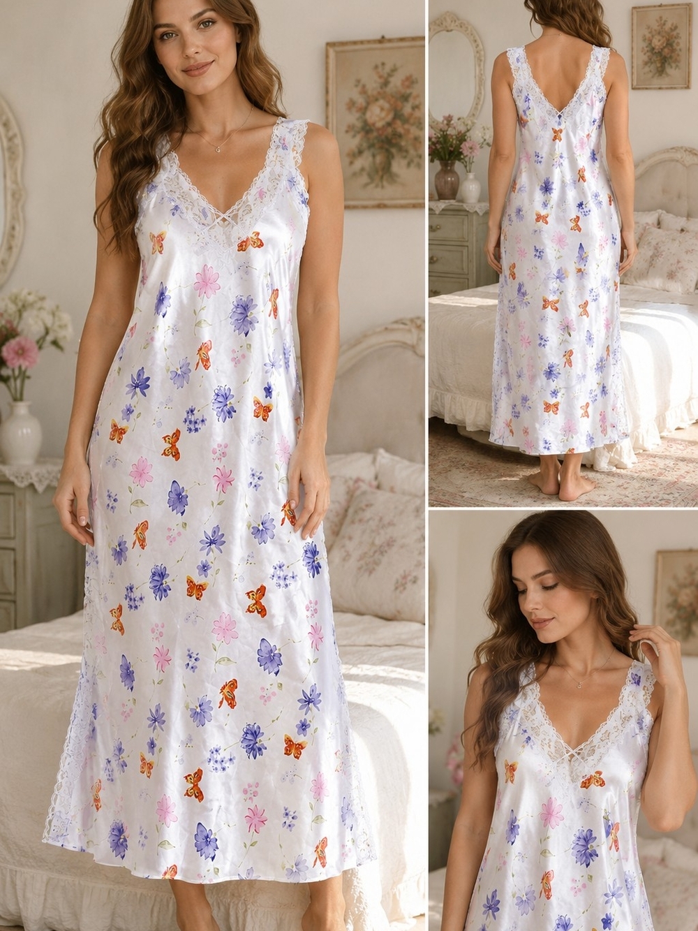 Valerie Stevens Y2k White Floral & Butterfly Lace-Trim Nightgown Size Large